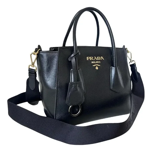 Prada Triangle Leather Medium Tote Shopper Handbag with Shoulder Strap Black - Picture 2 of 16